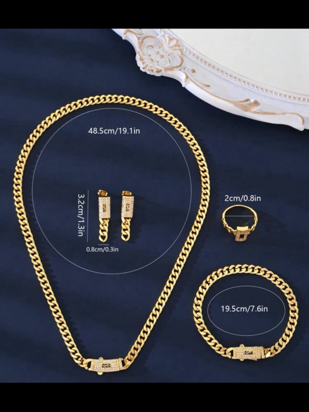 Gold-stainless steel Tone Cuban Link Necklace, Bracelet and Earring Set - Picture 5 of 5